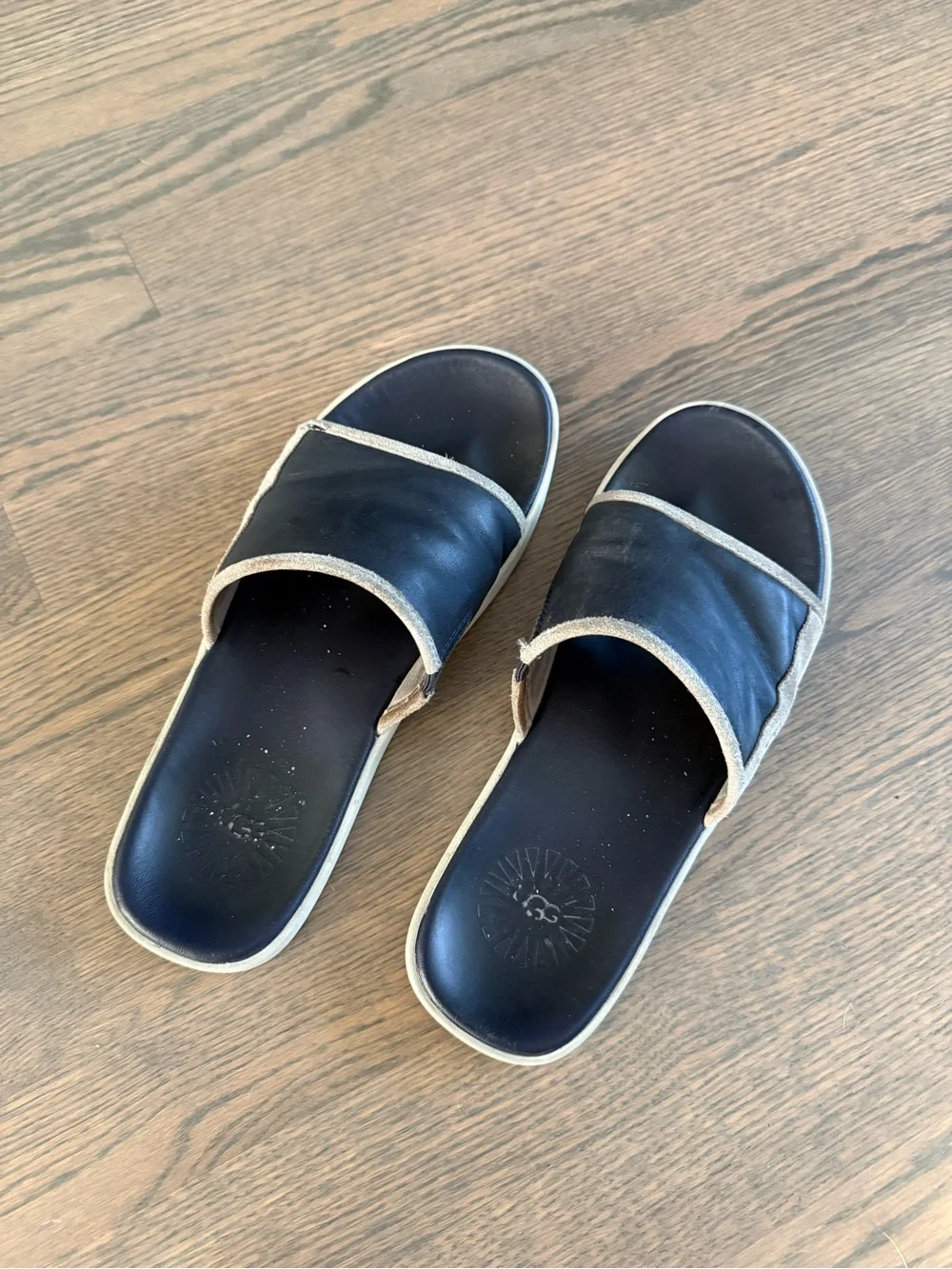 UGG Navy Blue Slide Sandals with Cream Trim